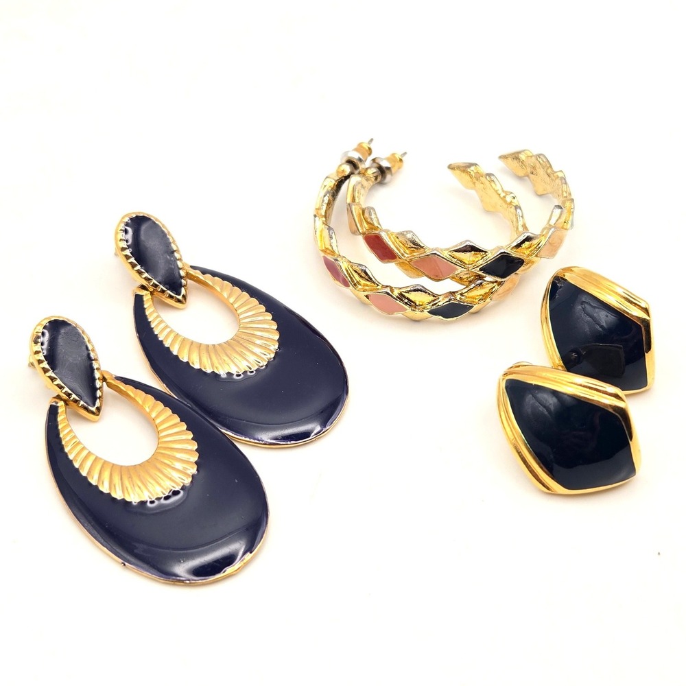 Vintage 1980s Monet & Unbranded Earring Lot Navy Enamel Gold Tone 3 Pairs 80s